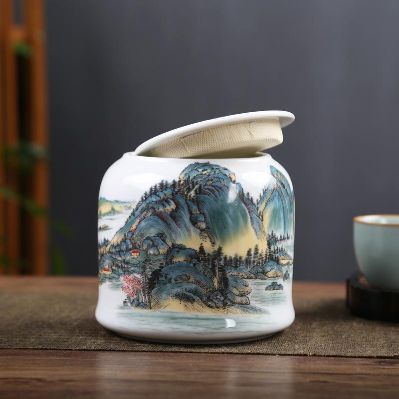 Ceramic tea jar landscape painting general purpose jar coffee food moisture-proof sealed storage jars white porcelain tea can