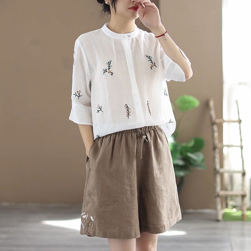 Women's High Waist Embroidered Shorts Breathable Literary Retro Cotton Linen Casual Pants