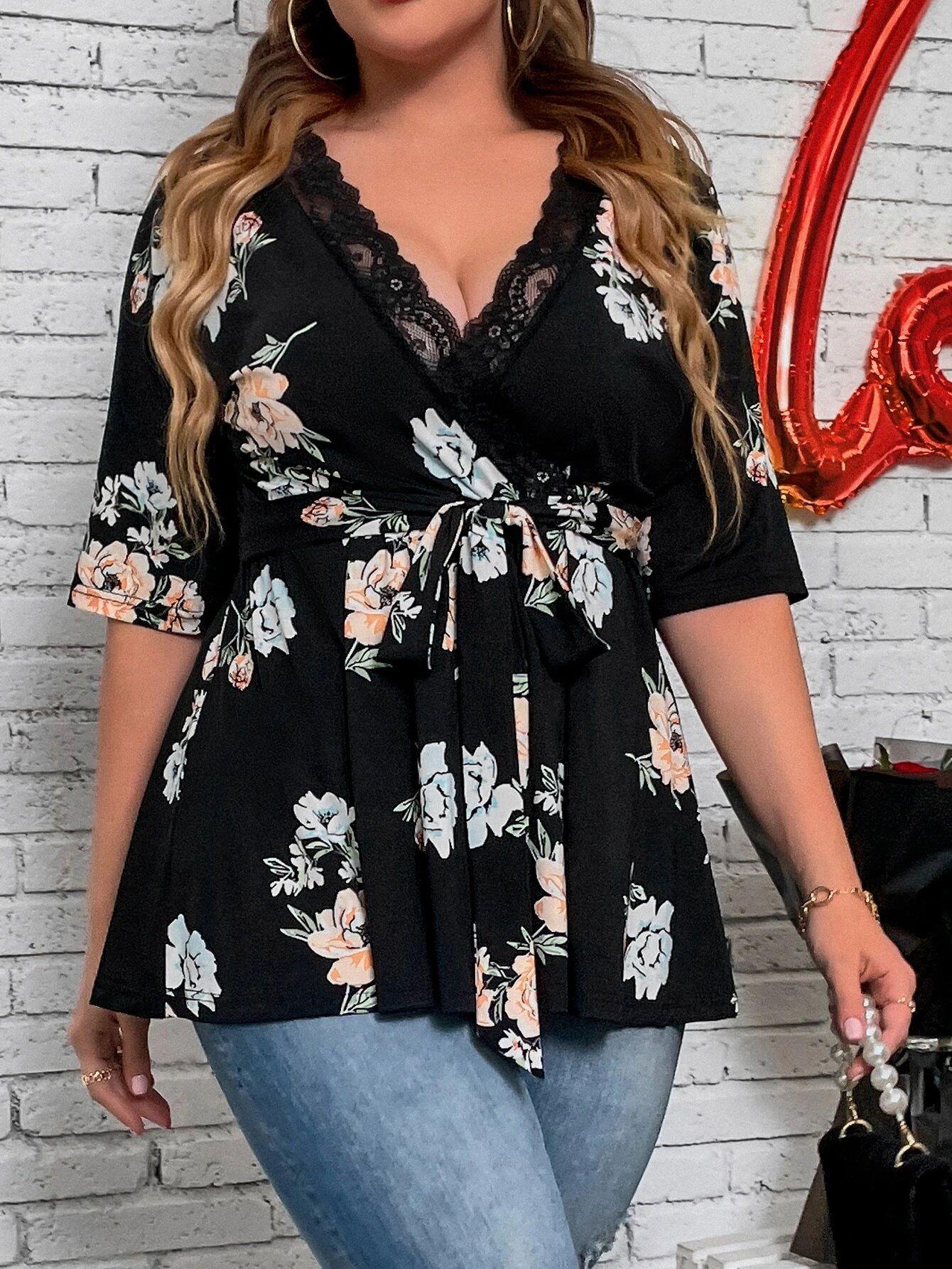 Women S Plus Size Floral Lace V Neck Short Sleeve Blouse 1XL