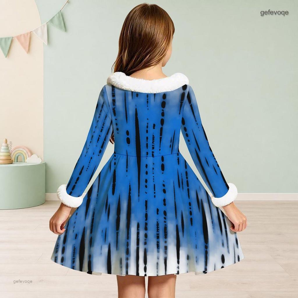 Meisjes Jurk met Hoge Hals, Lange Mouwen, Print, A-lijn, Uitlopend, met Taille Strik en Kunstbontrand