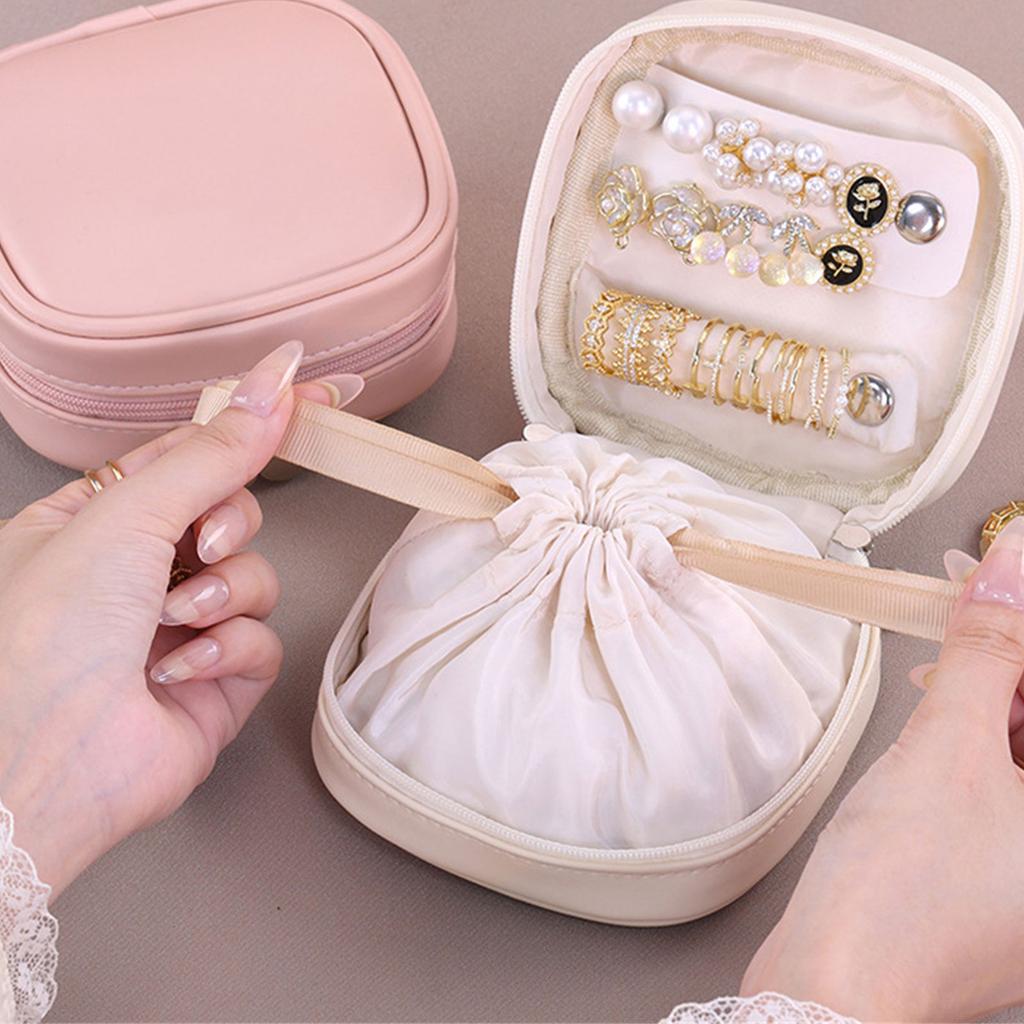 Soft Leather Jewelry Travel Pouch Pull Cord Closure System For Organizing Necklaces Earrings Bracelets Storage Box