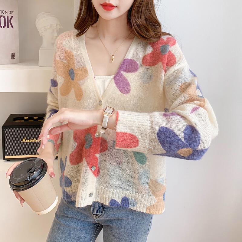 ITISF4 Damen V-Ausschnitt Cardigan aus Mohairmischung mit Blumenprint