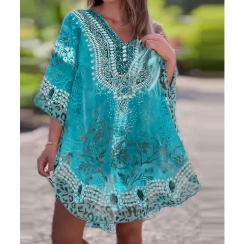 Women's Spring Fashion V-neck National Style Print Loose Smock Dress