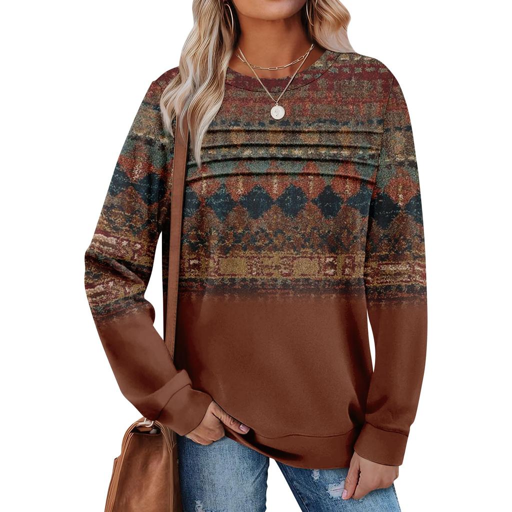 Women's Casual Long Sleeve Round Neck Sweatshirt Fit Pleated Top