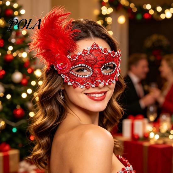 Venetian Masquerade Mask Halloween Princess Half Face Mask, Party High End Ball with Lace Feather Rhinestones, Adjustable Ribbon Women Accessory