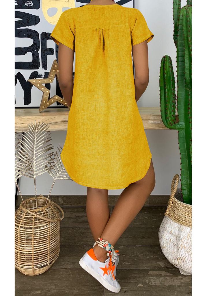 2025 Summer Solid Color V-Neck Cotton Linen Short Sleeve Dress for Women