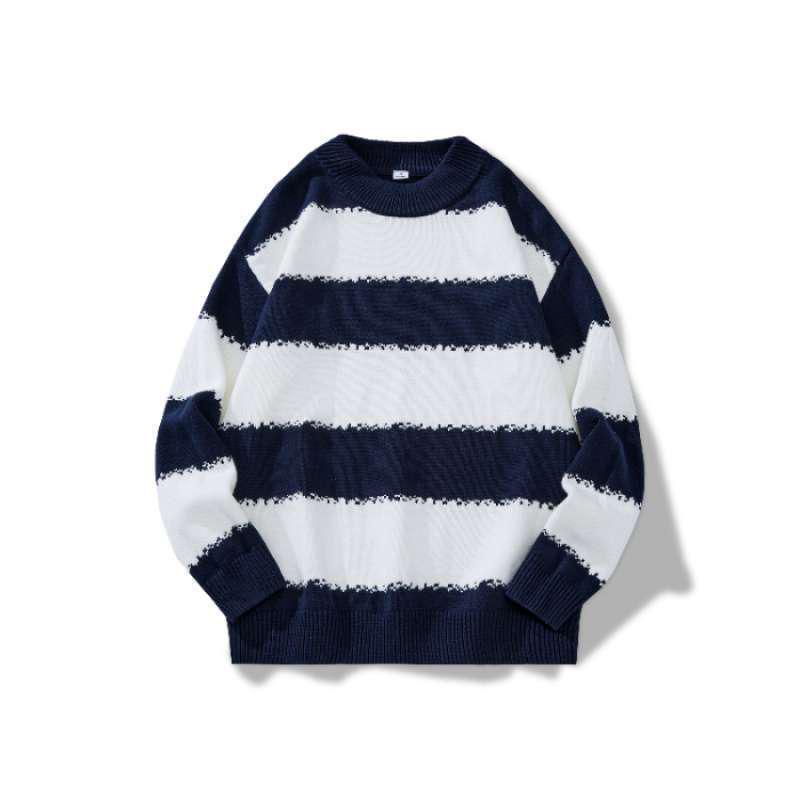 Men s Trendy Striped Round Neck Sweater: Japanese-Style Autumn/Winter Knit Pullover 2XL