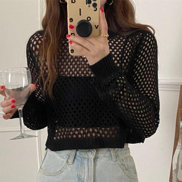 Spring and Summer Long Sleeve Hollow Knitted Sweater Women's Solid Color Inner Suspender Pullover Crew Neck Top Short Grid Design