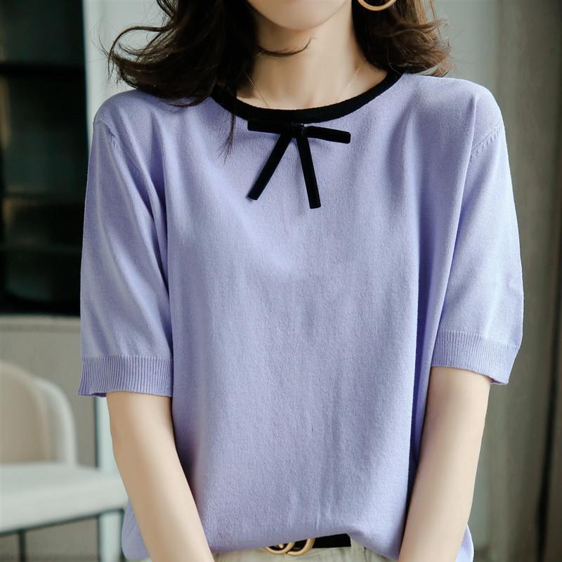 

Round Neck Bow Icy Short-sleeved Summer New Style Small Fragrance Style Back Cardigan Loose Long-sleeved Versatile Top S