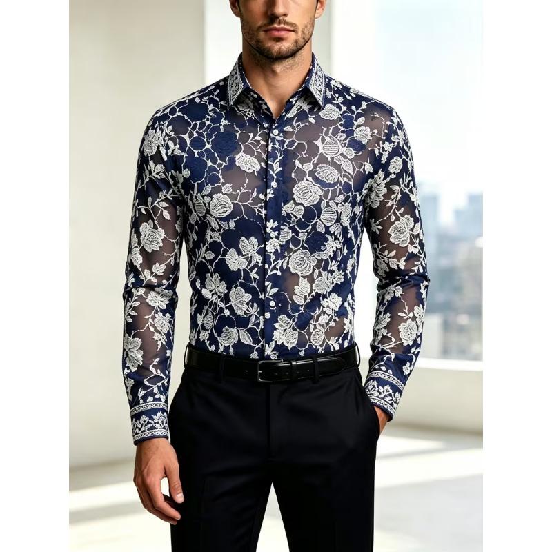 New men's long sleeved shirt with wine red gold chain diamond shaped 3D pattern printing, slim fit collar single shirt