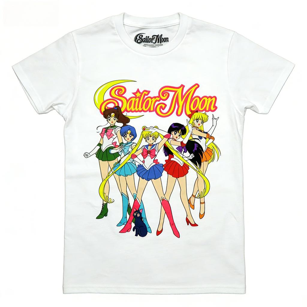 New Adult TShirt for Sailor Moon Anime Sailor Guardians Standing in Formation Under The Logo Bold Street Retro Style TShirt