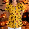 Damen Halloween Print Lockere Passform V-Ausschnitt Tasche Kurze Ärmel Medizinischer Kasack Krankenschwester Uniform Arbeitskleidung