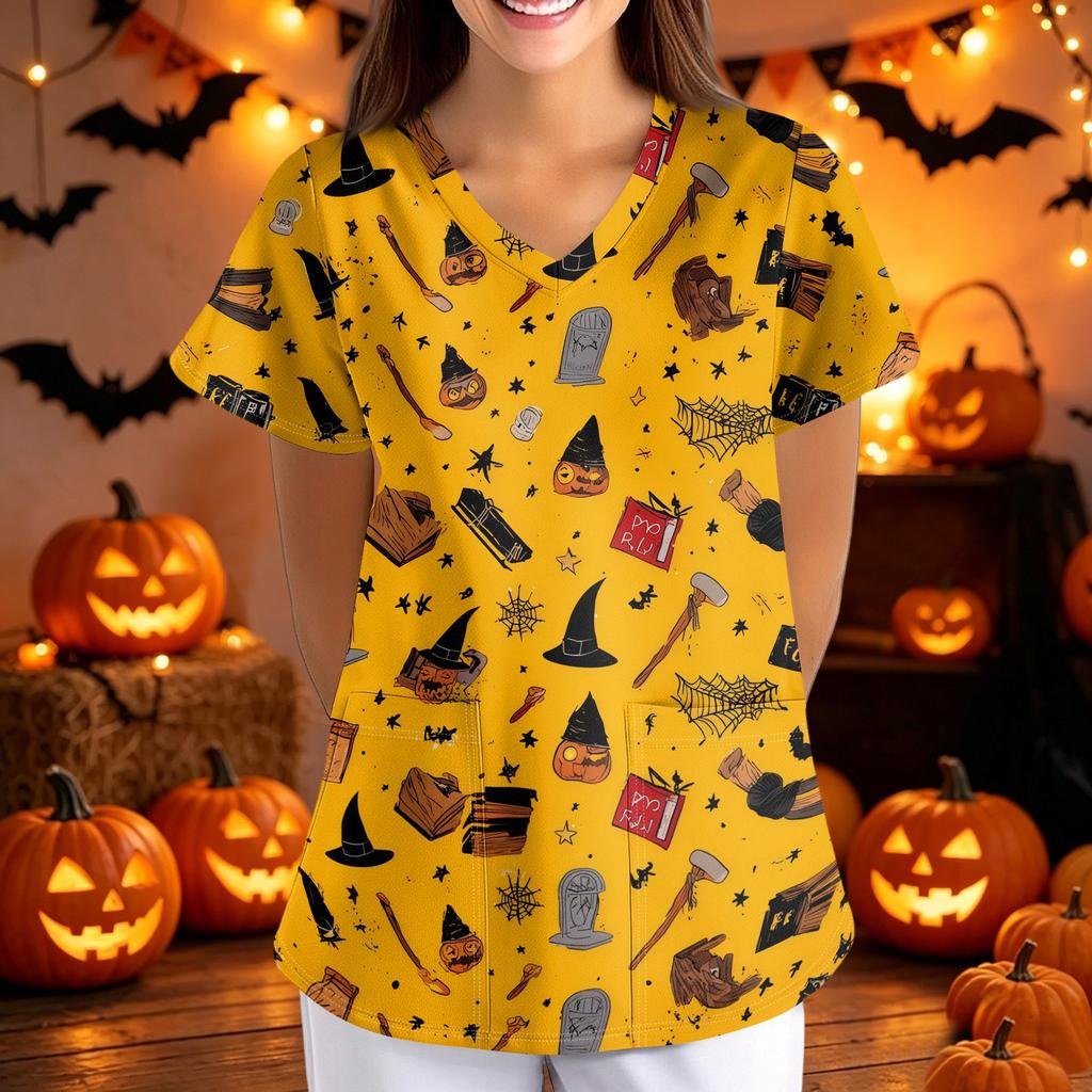 Damen Halloween Print Lockere Passform V-Ausschnitt Tasche Kurze Ärmel Medizinischer Kasack Krankenschwester Uniform Arbeitskleidung