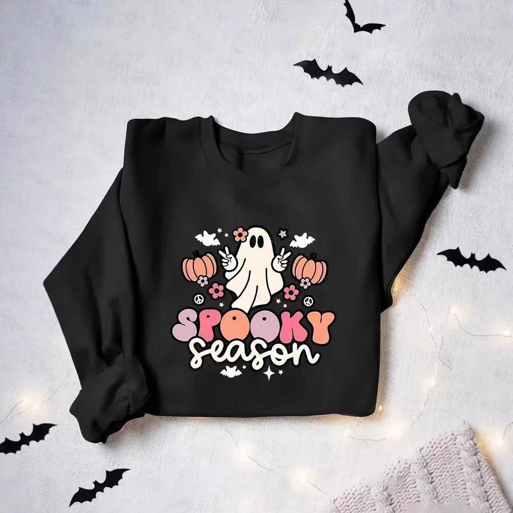 2025 Halloween Ghost Print Round Neck Long Sleeve Hoodie for Europe and America