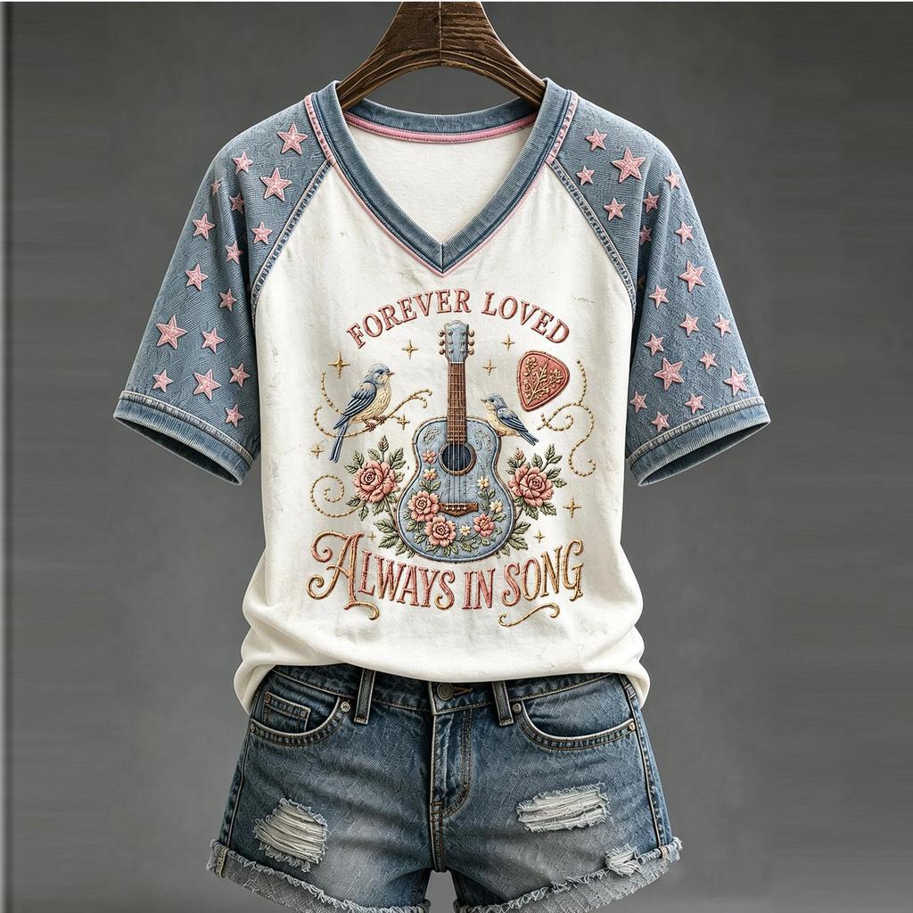 Women's Casual V-Neck Letter Print Short Sleeve Top