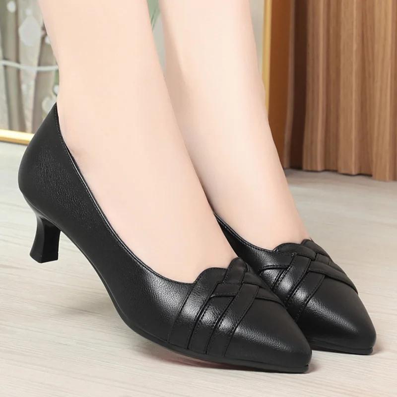 5cm Breathable Pointed Toe Shallow Mouth Soft Leather Shoes Women Pumps 2025 Fall Med Kitten Heels Shoes for Office Mom Work