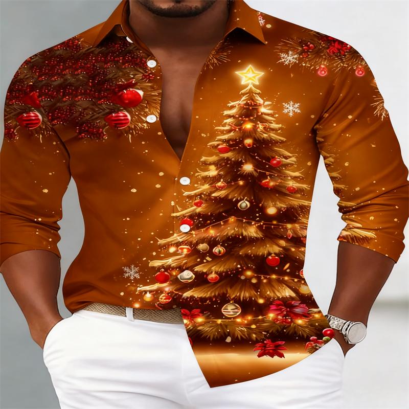 

2026 Чоловіча сорочка з довгим рукавом на ґудзиках з принтом ялинки, великого та високого розміру L коричневий
