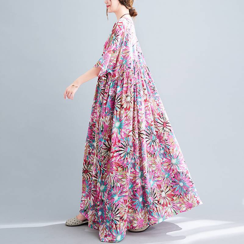 

Johnature Жіноча весняна повсякденна вінтажна сукня з принтом з круглим вирізом, індивідуальна вільна ретро-сукня з половиною рукава One Size фіолетовий