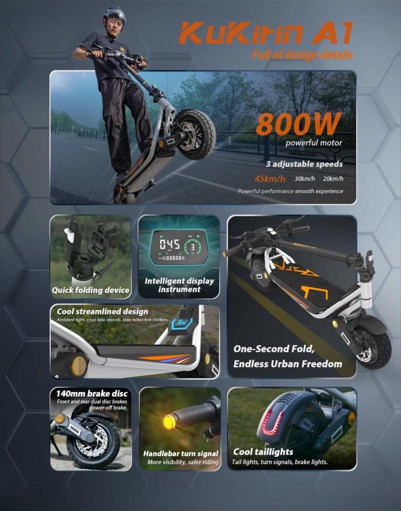 Kukirin A1 Electric Scooter 800W Motor 48V13Ah Battery 45km/h Max Speed 45km Max Range Front and Rear Shock Absorption