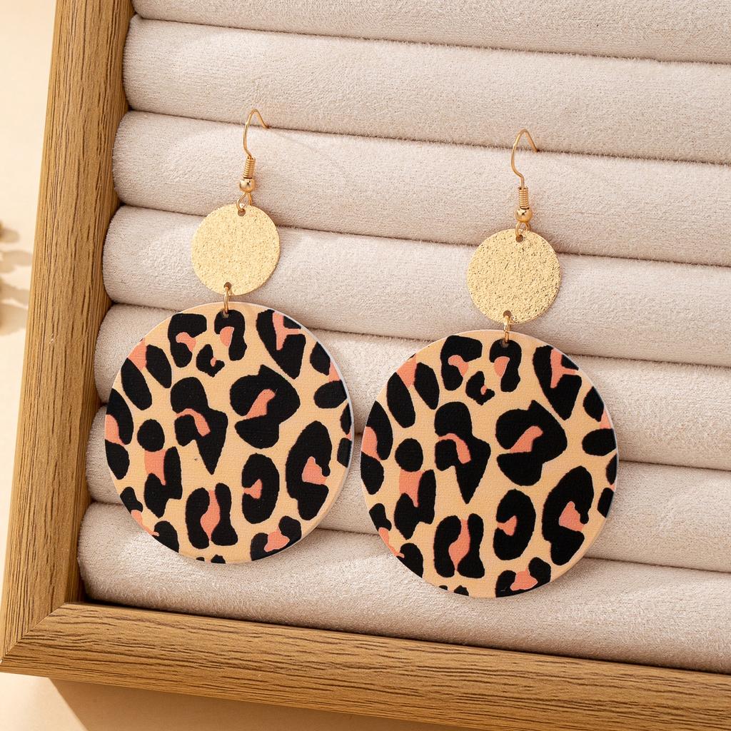Women's Earrings, Exaggerated Geometric Round Leopard Print Pattern Earrings, Suitable for Daily Wear and Vacation Wear