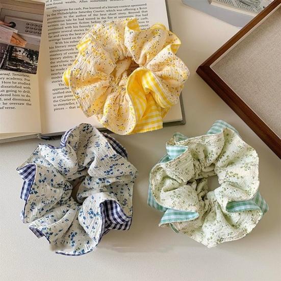 Hair Tie French Style Large Widened Size Hair Rope Plaid Floral Print Ponytail