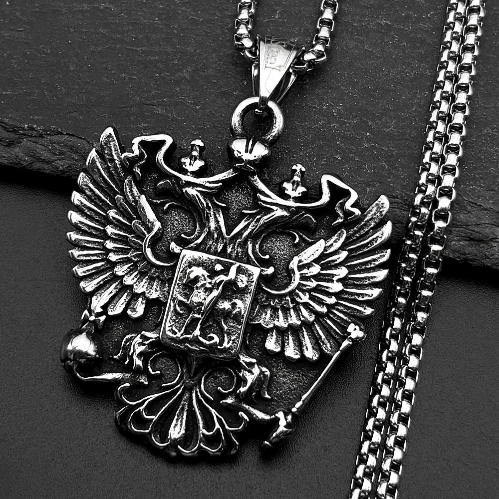 Russian Double-Headed Eagle National Emblem Symbol Pendant Necklaces for Women Men Silver Color Stainless Steel Jewelry Gift