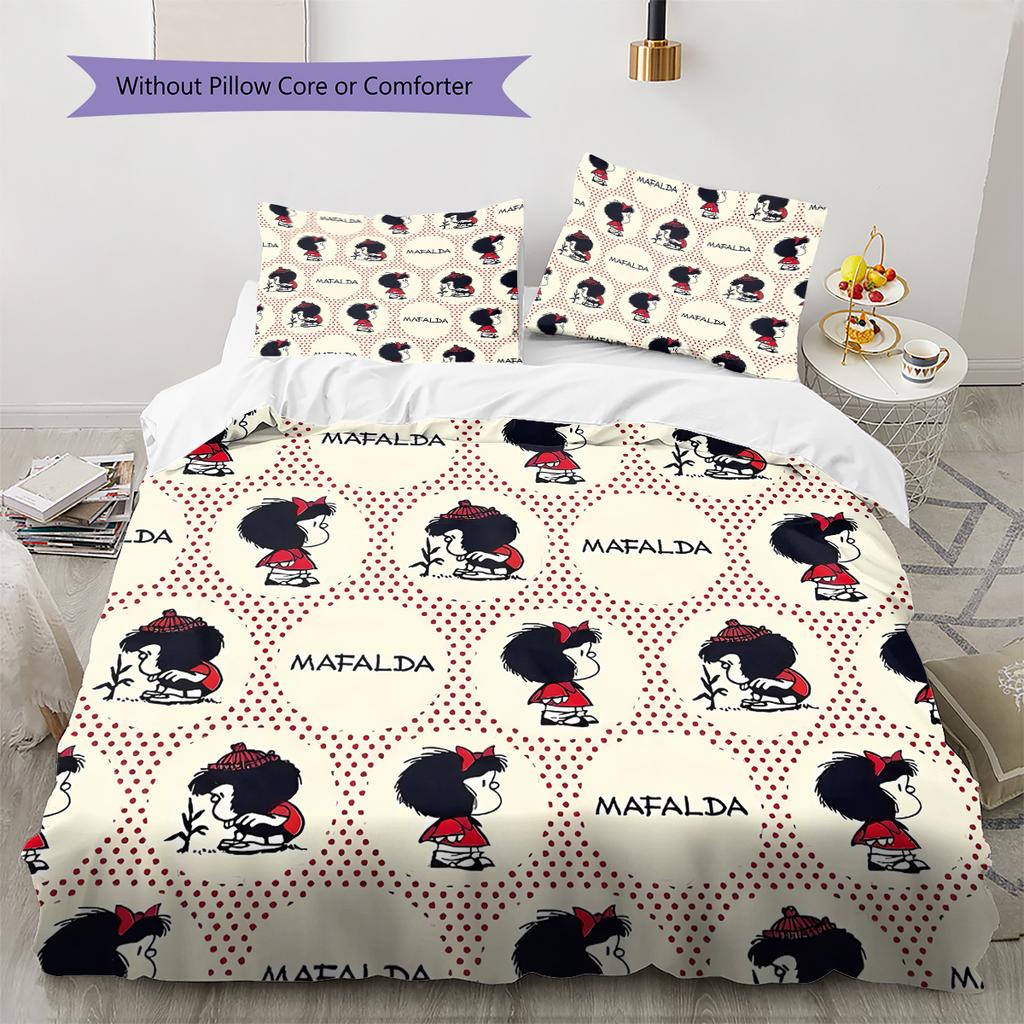 Pościel z wzorem Mafaldy, Zestaw kołdry Poszewka na kołdrę Poszewka na poduszkę Domowy prezent urodzinowy (1 * poszwa na kołdrę + 2 * poszewki na poduszki, bez rdzenia)