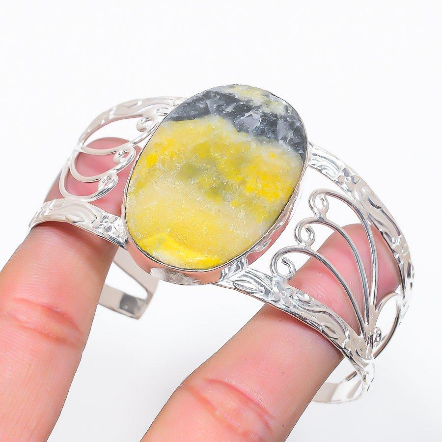 Bumble Bee Jasper Gemstone 925 Sterling Silver Cuff Bangle Adjustable
