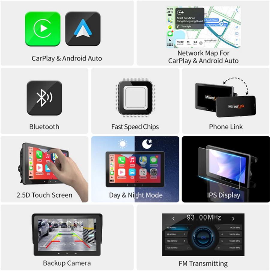 Universal 7" Screen + Camera For Wireless Carplay Android Auto Car Stereo Player