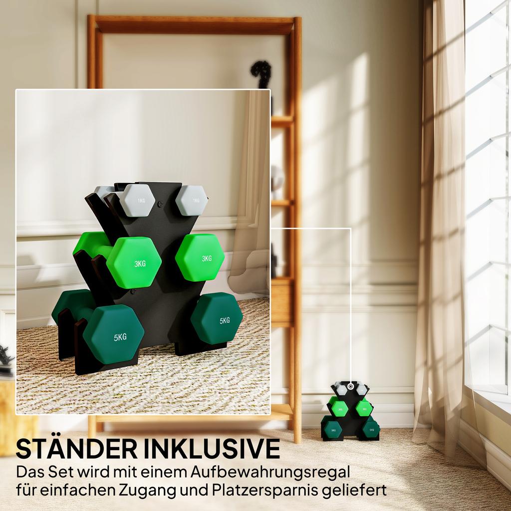 Dumbbell Set with Storage Rack, Set of 6 Dumbbells for Fitness Training, 2 X 1kg, 2 X 3kg, 2 X 5kg