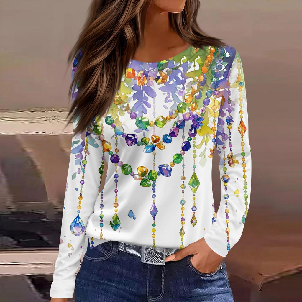 Women's Fashion Casual Slit Hem Round Neck Long Sleeve Loose Printed T-Shirt Top