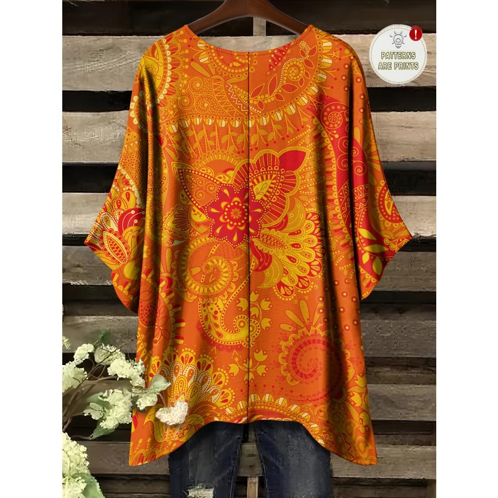 Summer Bohemian Plus Paisley Flower Printed Bat Sleeve Crew Neck T-Shirt