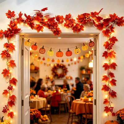 200cm Artificial Maple Leaf Garland with LED String Lights for Autumn Harvest Festival and Thanksgiving Holiday Decoration