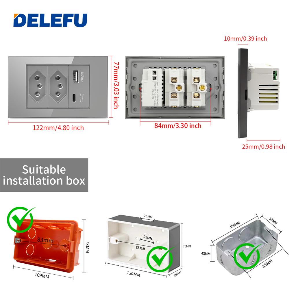 DELEFU Brazil Standard Grey Glass Panel 20A 10A Smart Switch CAT6 Network Socket USB Type-C Wall Outlet Household Charging