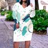 Women Plus Size V Neck Long Sleeve Blue White Tie Dye Printed Fitted Midi Dress