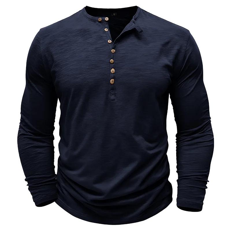 Mens Henley Collar Long Sleeve T-Shirts Solid Color Loose Fit Button Front Casual Daily Tshirts