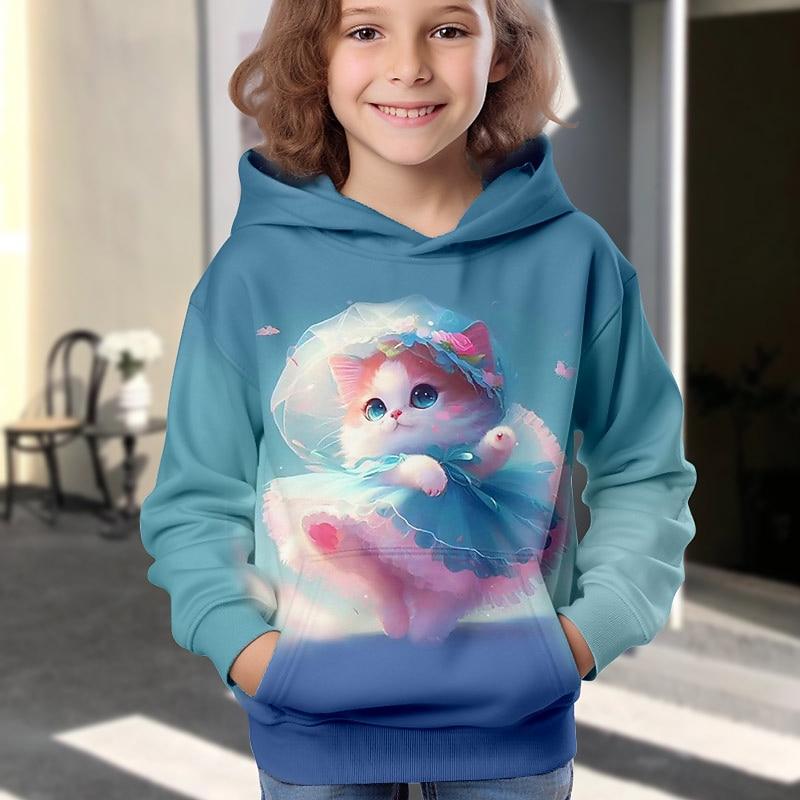 Girls' 3D Cartoon Cat Hoodie Pullover Long Sleeve 3D Print Fall Winter Active Fashion Cute Kids 3-12 Years Outdoor Casual Daily Regular Fit