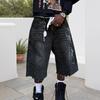 Pantaloncini di Jeans Larghi da Uomo con Strass Y2K Casual Vintage Gamba Larga Dritti Capri Pantaloncini di Jeans Hip Hop Streetwear