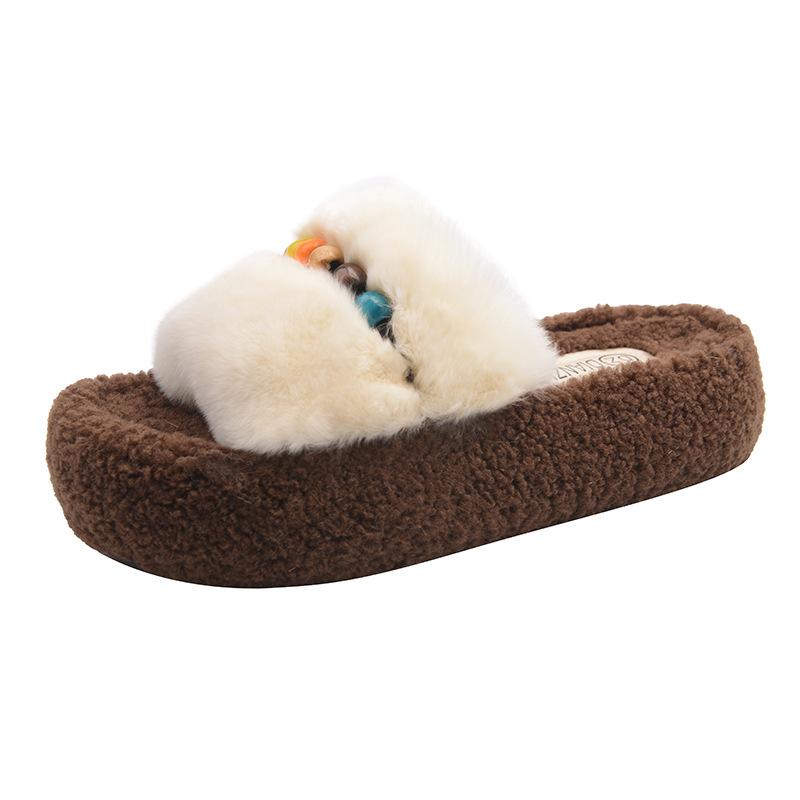 Thick-soled Fluffy Slippers Women's Outer Wear 2025 New Autumn Small Versatile Cotton Slippers Foreign Style Heightening Shoes