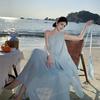 Travel Wear Seaside Vacation Beach Suit Skirt French Temperament Blue Chiffon Slanted Shoulder Top Two-piece Set