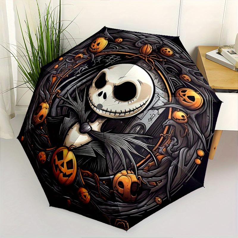 1pc Disney Jack Skellington Halloween Automatic 3-Fold Umbrella Design, Cute Cartoon Pattern, Portable Outdoor Umbrella, Perfect, Holiday Gi