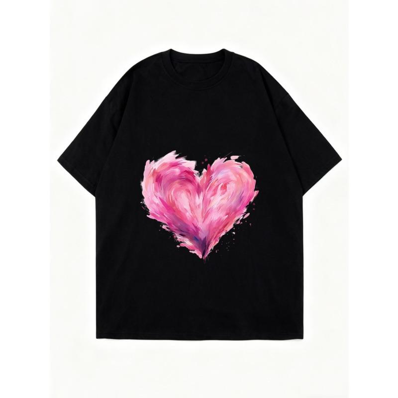 Oversized T Shirt Black Pink Watercolor Heart Print Casual Wear For Women