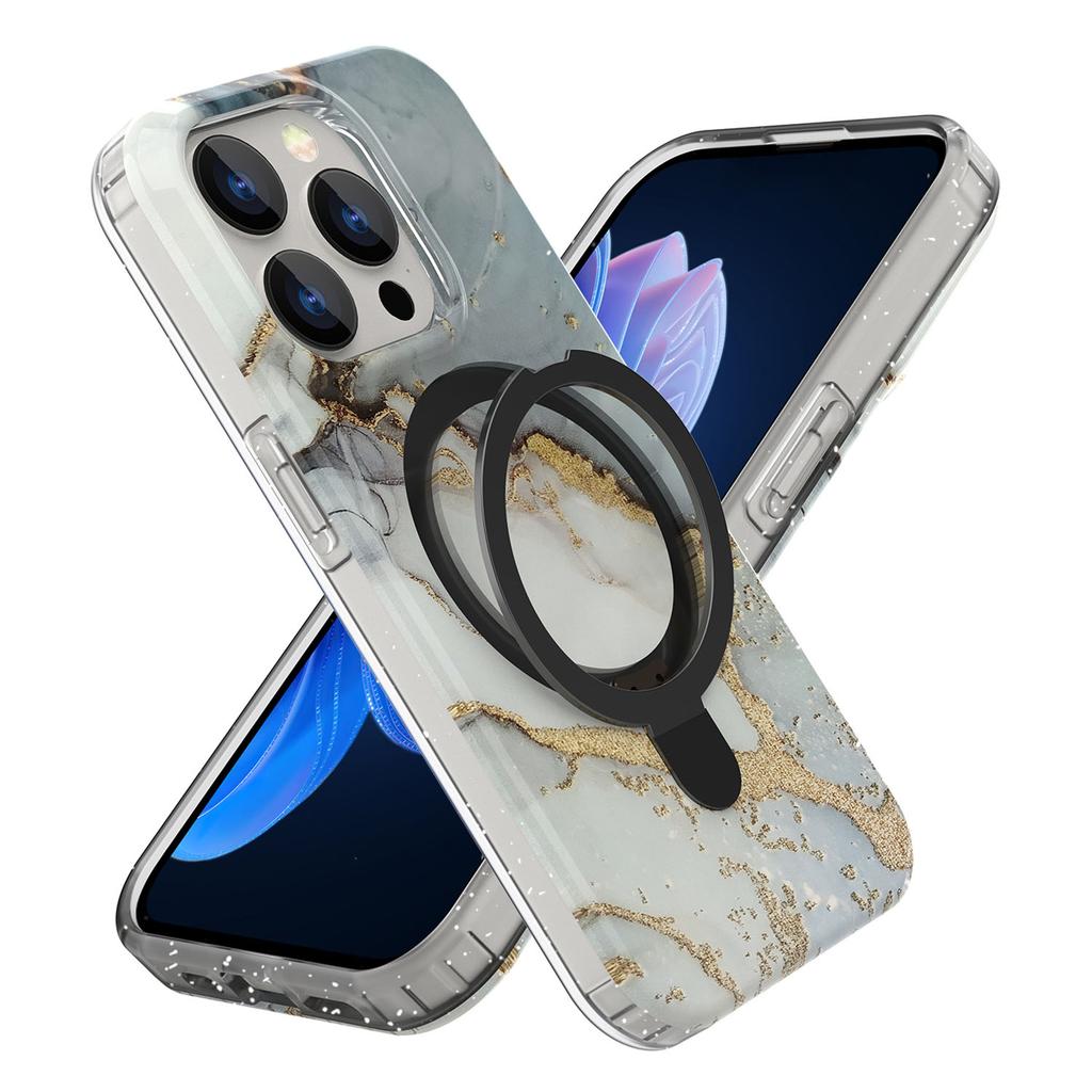 For iPhone 15 Pro Max Kickstand Case Marble Pattern PC+TPU Magnetic Phone Cover