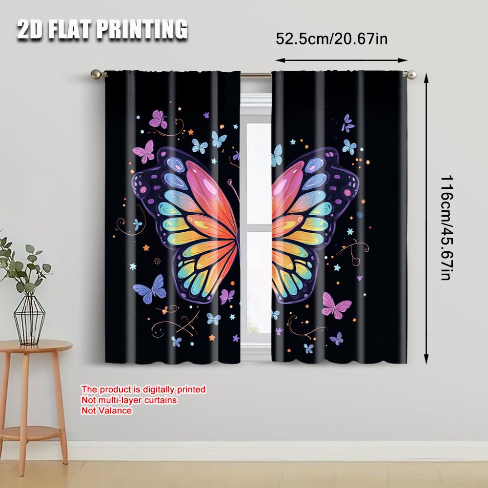 2pcs   2D Flat Printing Party Curtain Color Butterfly 100% Polyester  Without Electricity Holiday Decorations Use for Bedroom and