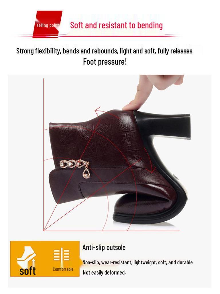 Autumn/Winter 2023 Chunky Heel Ankle Boots - Warm Fleece-Lined Leather Shoes for Middle-Aged Women