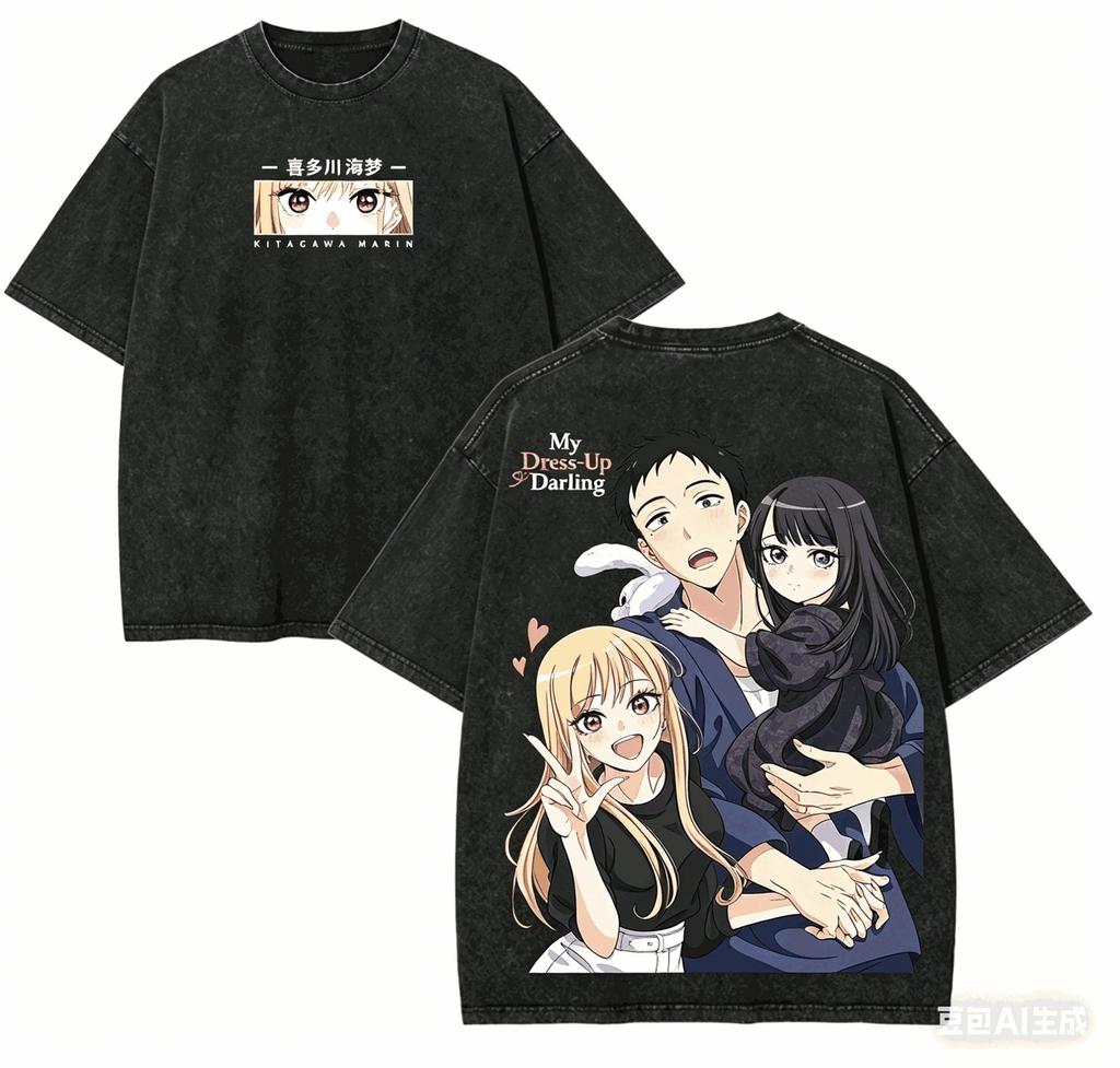 Stylish Vintage Washed Black Oversized T-Shirt with My Dress-Up Darling Marin & Gojo Family Art Print Women And Men T-shirts