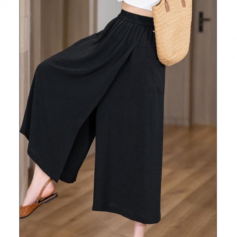 2026 summer thin loose high waist split lazy style casual culottes hip thigh thick and thin eight-point wide-leg pants