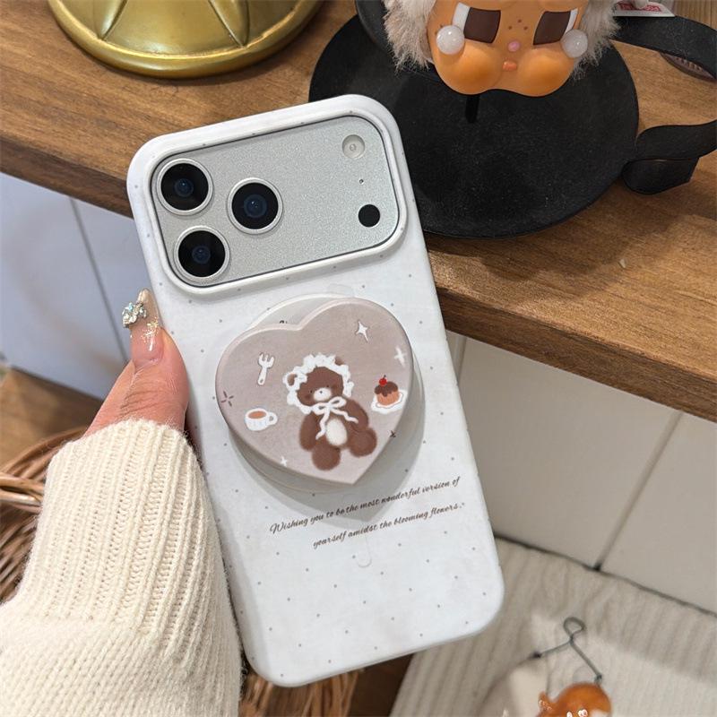 Korean Style Polka Dot Heart Bear Magnetic Stand Phone Case for iPhone 16/15 Pro Max