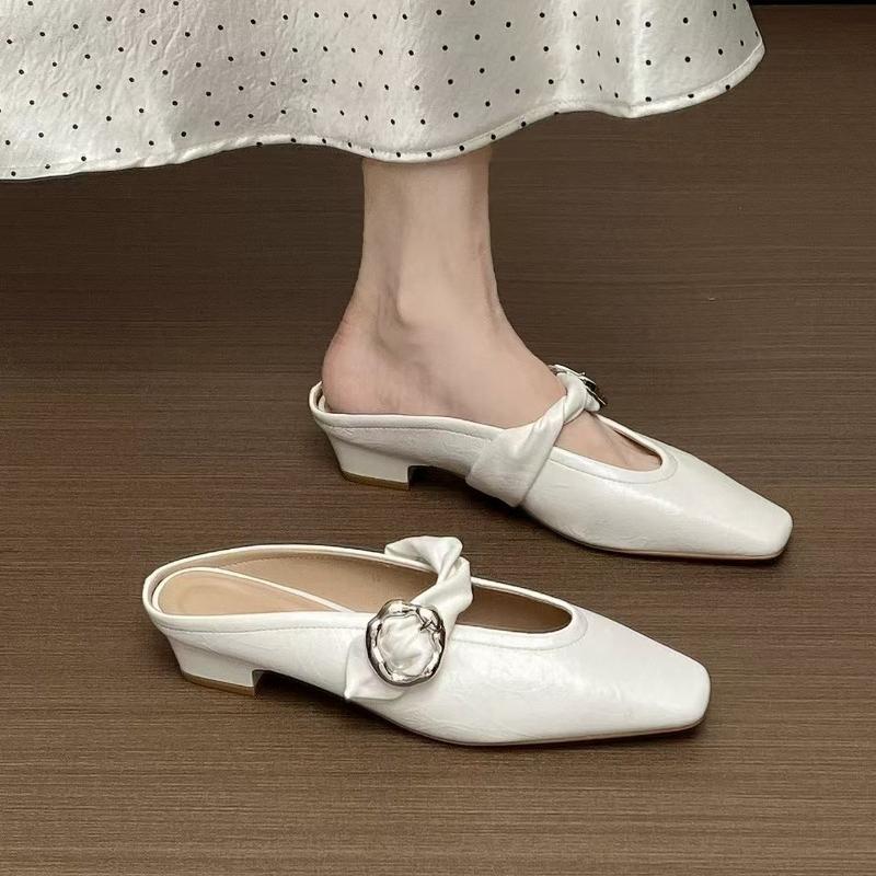 Low-heeled Slippers Autumn New Square-toe Shallow-mouth Metal Buckle One-band Soft-sole Non-slip Block Heel Shoes