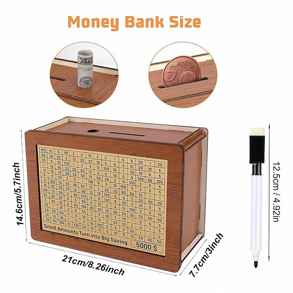USD or EURO Cash Vault Wooden Savings Box with Money Target and Numbers, Coin Counter Piggy Bank with Counter and Pen